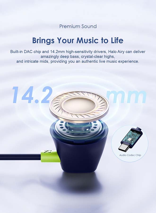 Oraimo - Halo Airy USB C Earphones Semi-in ear Wired Type C Headphones with Mic & Volume Control, Wired Headset with 14.2mm Driver, Compatible for iPhone 15 Series, Galaxy S24/S23/S22 Series Blue - Image 1