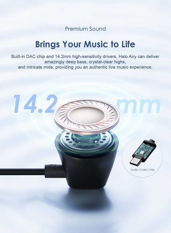 Oraimo - Halo Airy USB C Earphones Semi-in ear Wired Type C Headphones with Mic & Volume Control, Wired Headset with 14.2mm Driver, Compatible for iPhone 15 Series, Galaxy S24/S23/S22 Series Black - Image 1