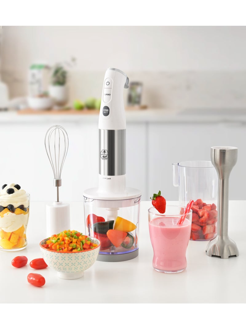 السيف  خلاط يدوي كهربائي 5 في 1 بقدرة 1200 واط بتصميم عصا من الستانلس ستيل مع محضر طعام وكوبين، وخفاقة وتحكم كامل في مهام المزج E02435 - Image 1