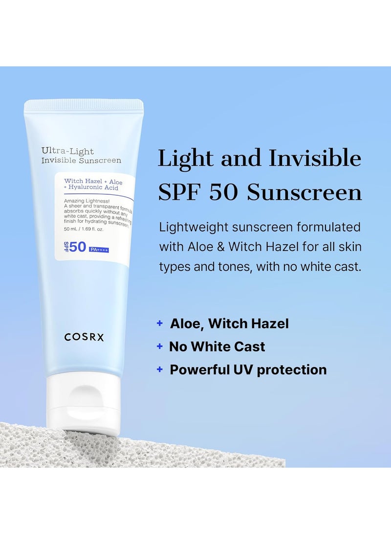 واقي شمسي خفيف للغاية غير مرئي بعامل حماية من الشمس SPF50 PA++++ للبشرة الجافة المتضررة من الشمس، الصبار وماء أوراق نبات البندق الساحر