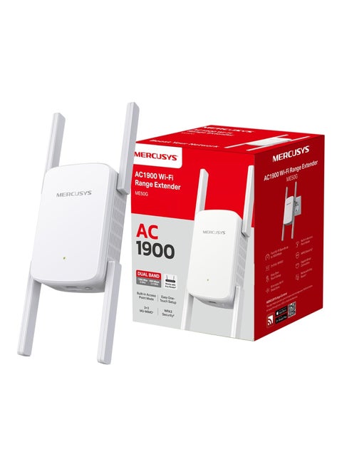 Mercusys ME50G AC1900 Wi-Fi Range Extender | 1900 Mbps Dual Band Wireless WiFi Booster | Gigabit, Wired, 3×3 MU-MIMO | Built-in Access Point Mode | Easy One-Touch Setup WHITE