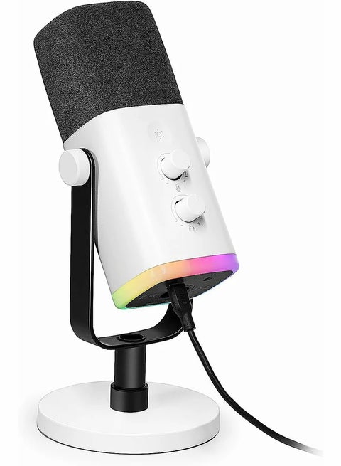 USB/XLR Dynamic Microphone with Touch Mute Button,Headphone jack,I/O Controls,for PC PS5/4 mixer,Gaming MIC Ampligame AM8W White