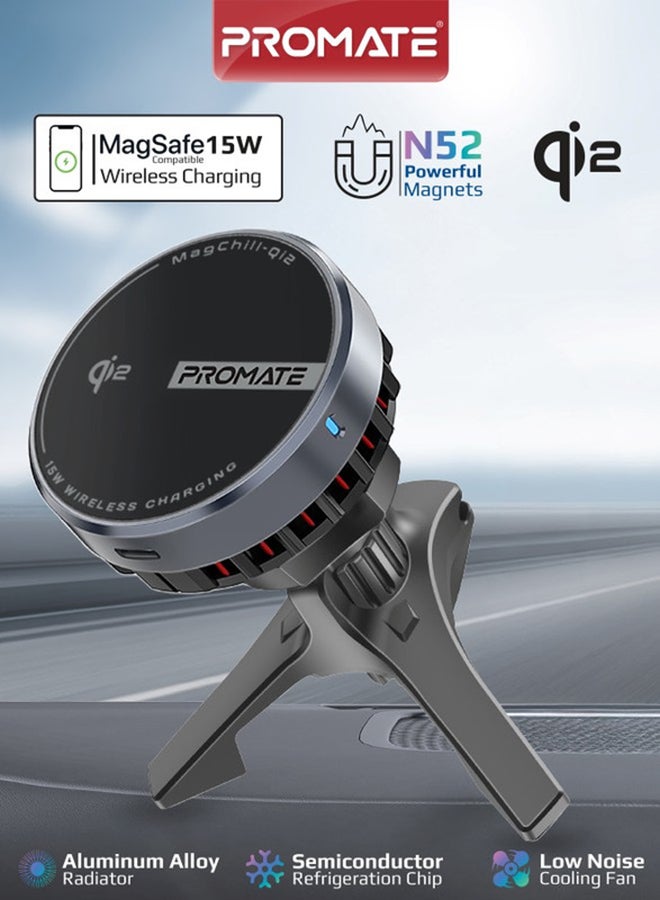 PROMATE Magnetic Wireless Car Charger Mount, 15W Qi2-certified MagSafe with Enhanced Semiconductor Refrigeration Cooling, Charge Protection, 360 Degree Rotation, MagChill- Qi2 Black - Image 1