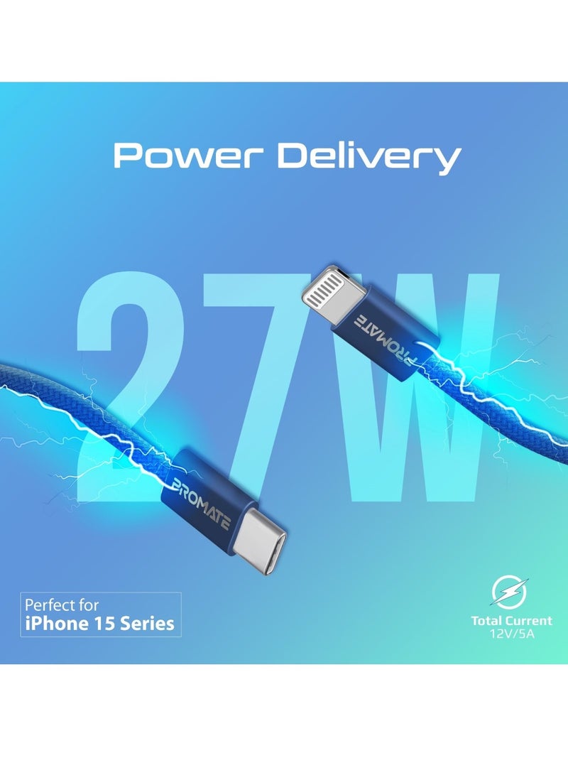 PROMATE - USB-C™ to Lightning Cable, Ultra-Fast 27W Power Fast Charging Cable 480Mbps Data Sync,Super-Slim Connector,120cm Anti-Tangle Nylon Braided Cord for Smartphones and Tablets, EcoLine-Ci120 Navy - Image 1