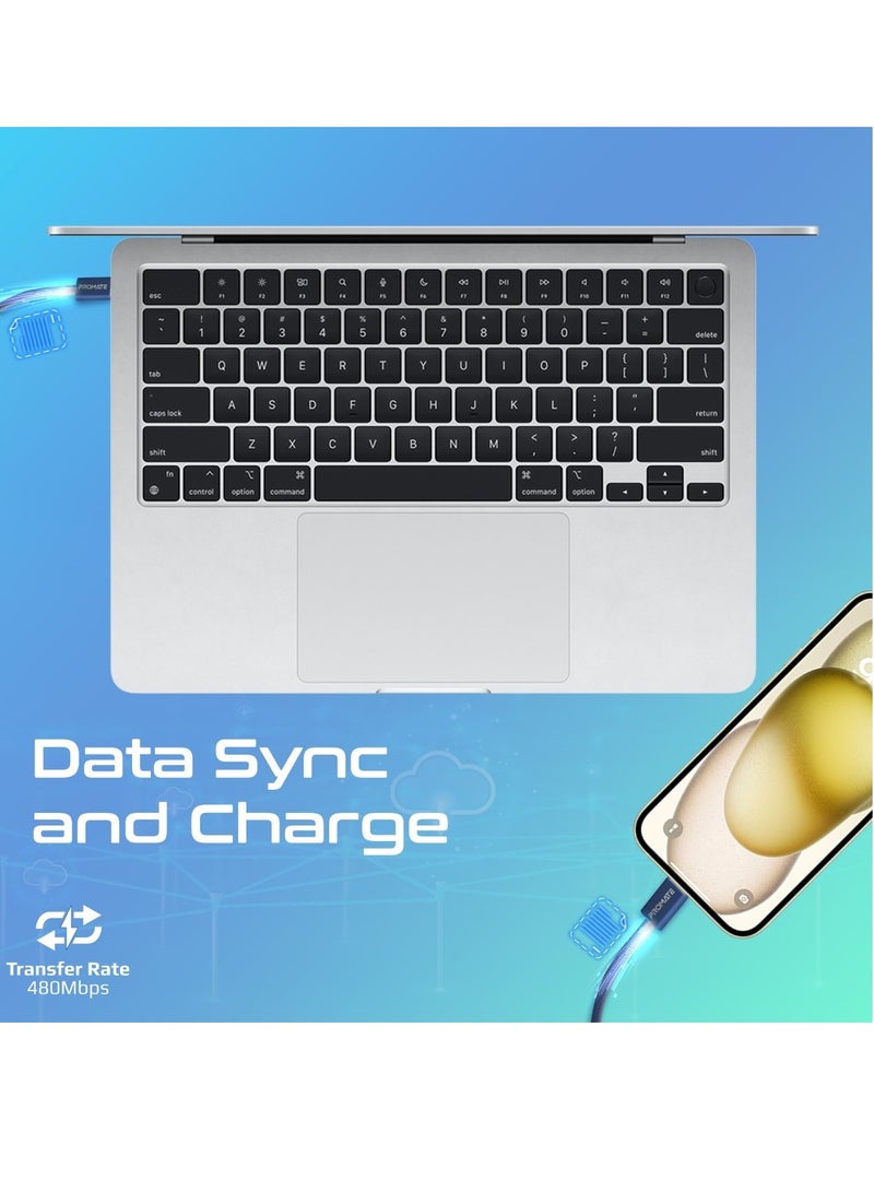 PROMATE - USB-C™ to Lightning Cable, Ultra-Fast 27W Power Fast Charging Cable 480Mbps Data Sync,Super-Slim Connector,120cm Anti-Tangle Nylon Braided Cord for Smartphones and Tablets, EcoLine-Ci120 Navy - Image 1