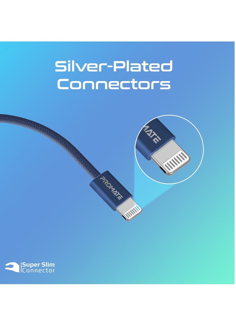 PROMATE - USB-C™ to Lightning Cable, Ultra-Fast 27W Power Fast Charging Cable 480Mbps Data Sync,Super-Slim Connector,120cm Anti-Tangle Nylon Braided Cord for Smartphones and Tablets, EcoLine-Ci120 Navy - Image 1