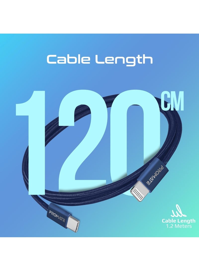 PROMATE - USB-C™ to Lightning Cable, Ultra-Fast 27W Power Fast Charging Cable 480Mbps Data Sync,Super-Slim Connector,120cm Anti-Tangle Nylon Braided Cord for Smartphones and Tablets, EcoLine-Ci120 Navy - Image 1