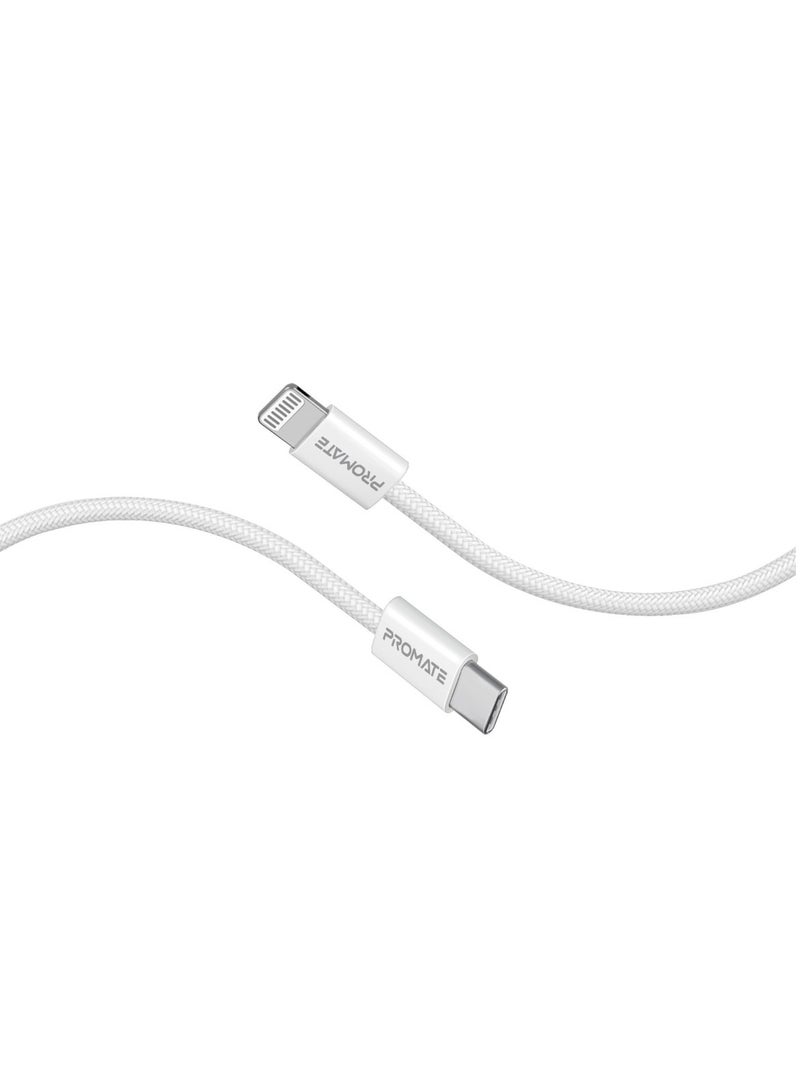 PROMATE USB-C™ to Lightning Cable, Ultra-Fast 27W Power Fast Charging Cable 480Mbps Data Sync,Super-Slim Connector,120cm Anti-Tangle Nylon Braided Cord For Smartphones And Tablets, EcoLine-Ci120 White - Image 1