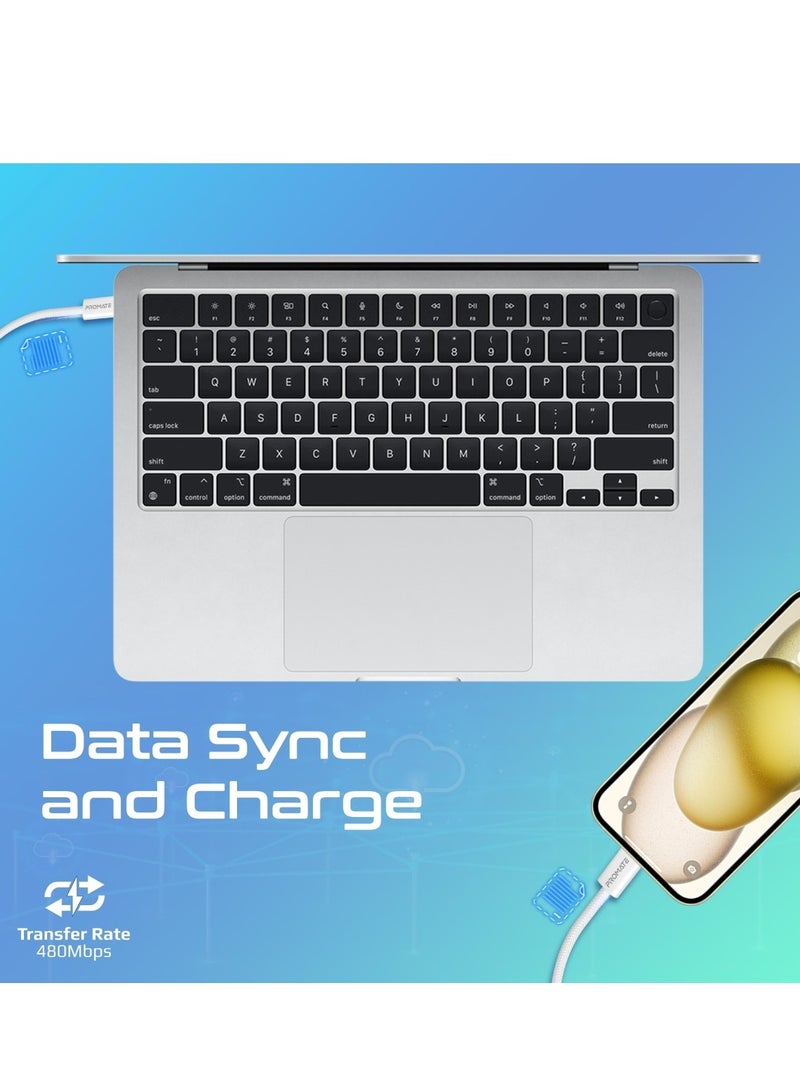 PROMATE USB-C™ to Lightning Cable, Ultra-Fast 27W Power Fast Charging Cable 480Mbps Data Sync,Super-Slim Connector,120cm Anti-Tangle Nylon Braided Cord For Smartphones And Tablets, EcoLine-Ci120 White - Image 4