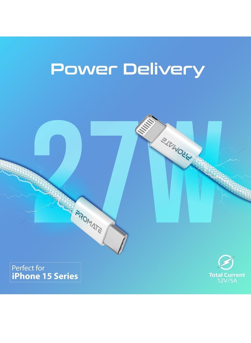 PROMATE USB-C™ to Lightning Cable, Ultra-Fast 27W Power Fast Charging Cable 480Mbps Data Sync,Super-Slim Connector,120cm Anti-Tangle Nylon Braided Cord For Smartphones And Tablets, EcoLine-Ci120 White - Image 2