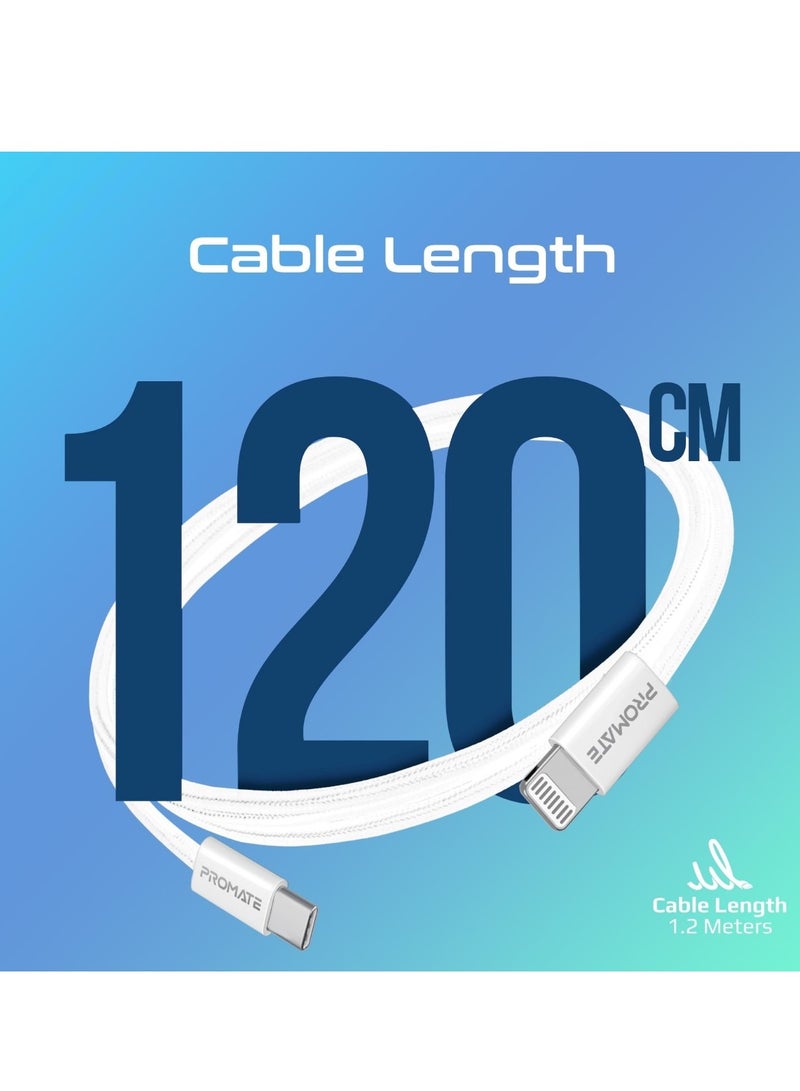 PROMATE USB-C™ to Lightning Cable, Ultra-Fast 27W Power Fast Charging Cable 480Mbps Data Sync,Super-Slim Connector,120cm Anti-Tangle Nylon Braided Cord For Smartphones And Tablets, EcoLine-Ci120 White - Image 3