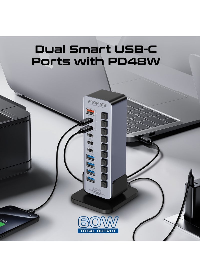 PROMATE 14-In-1 Multiport 60W USB-C Tower Hub, 3 5Gbps USB-C™ Ports, 4 5Gbps USB-A™ Ports, 2 Ultra-Fast Charging PD48W USB-C 3.0 Port, Fast QC 3.0,On/Off Switches, Plug and Play, GegaTower-60W.GREY.UK Grey - Image 3