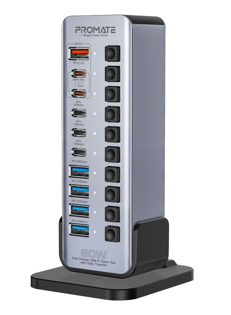 PROMATE 14-In-1 Multiport 60W USB-C Tower Hub, 3 5Gbps USB-C™ Ports, 4 5Gbps USB-A™ Ports, 2 Ultra-Fast Charging PD48W USB-C 3.0 Port, Fast QC 3.0,On/Off Switches, Plug and Play, GegaTower-60W.GREY.UK Grey - Image 1