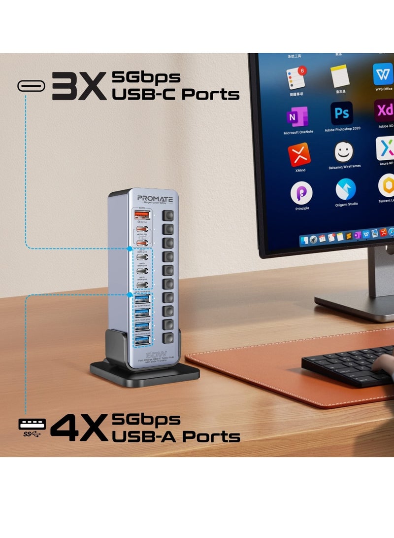 PROMATE 14-In-1 Multiport 60W USB-C Tower Hub, 3 5Gbps USB-C™ Ports, 4 5Gbps USB-A™ Ports, 2 Ultra-Fast Charging PD48W USB-C 3.0 Port, Fast QC 3.0,On/Off Switches, Plug and Play, GegaTower-60W.GREY.UK Grey - Image 2