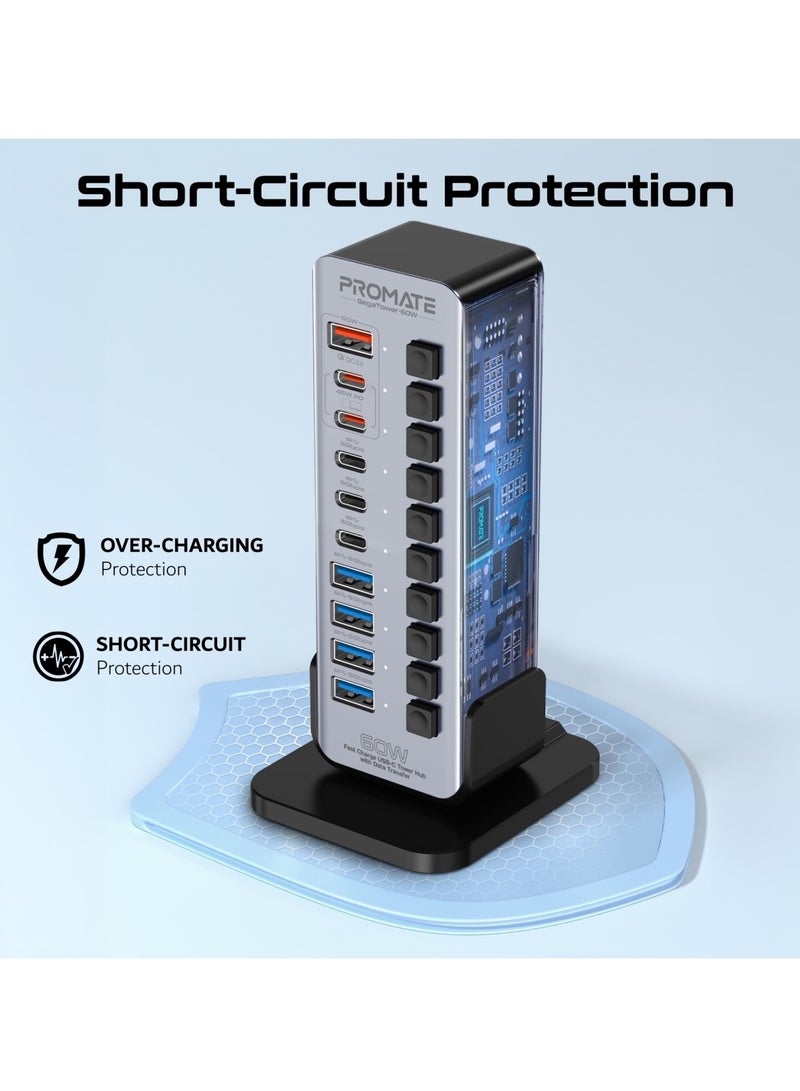 PROMATE 14-In-1 Multiport 60W USB-C Tower Hub, 3 5Gbps USB-C™ Ports, 4 5Gbps USB-A™ Ports, 2 Ultra-Fast Charging PD48W USB-C 3.0 Port, Fast QC 3.0,On/Off Switches, Plug and Play, GegaTower-60W.GREY.UK Grey - Image 5