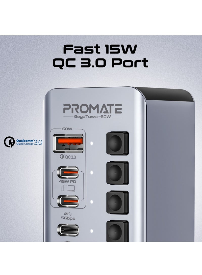 PROMATE 14-In-1 Multiport 60W USB-C Tower Hub, 3 5Gbps USB-C™ Ports, 4 5Gbps USB-A™ Ports, 2 Ultra-Fast Charging PD48W USB-C 3.0 Port, Fast QC 3.0,On/Off Switches, Plug and Play, GegaTower-60W.GREY.UK Grey - Image 4