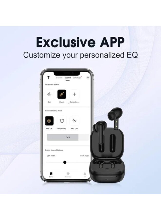T13 ANC Bluetooth Earphones, Active Noise Cancelling Wireless Earbuds, Gaming In Ear Earphones, 4 Mics Clear Calls, 7H Music Time Black