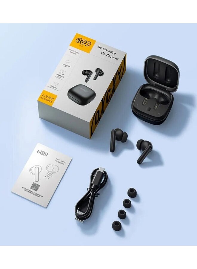 T13 ANC Bluetooth Earphones, Active Noise Cancelling Wireless Earbuds, Gaming In Ear Earphones, 4 Mics Clear Calls, 7H Music Time Black