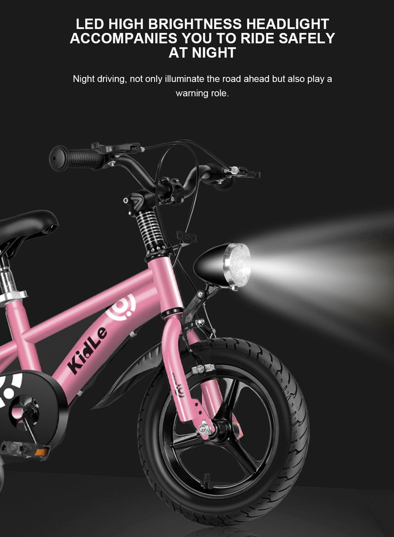 Kidle - Children's High Carbon Steel Bicycle Spoked Wheels Flashing Hummer Assist Wheels With Pillion Headlight 12-18Inch Bike Suitable For Babies Over 2-12 Years Old Riding Adventures（Pink） 12inchinch - Image 1