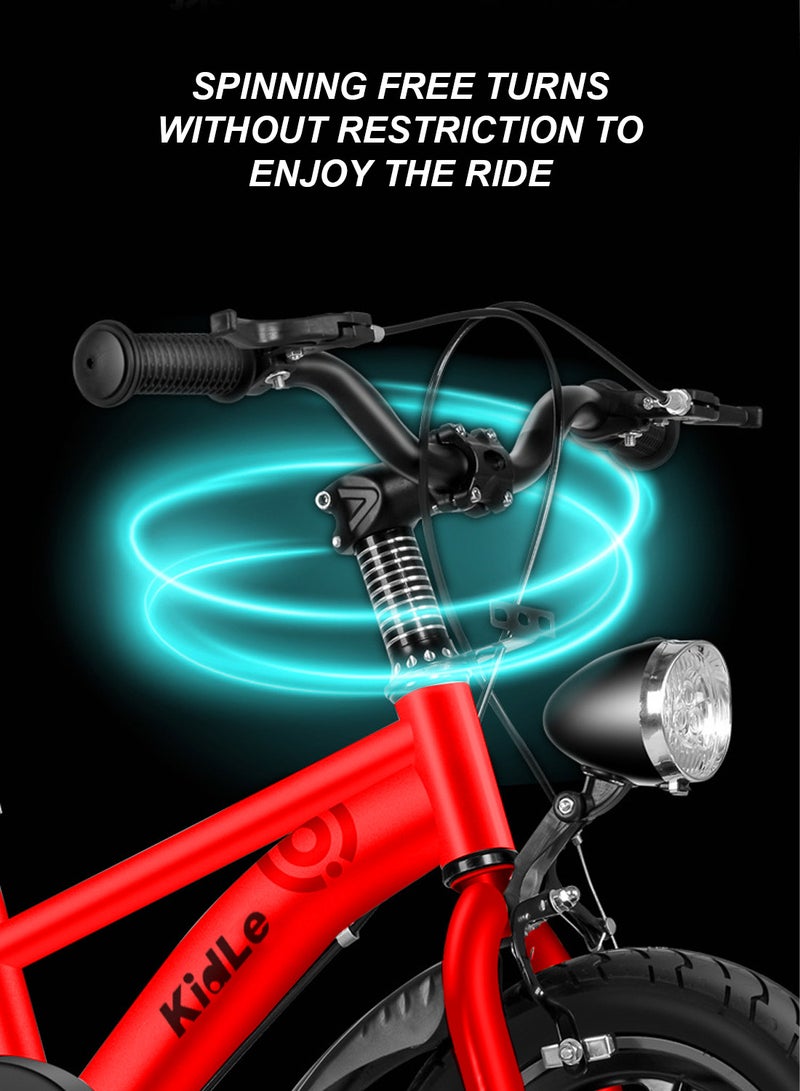 Kidle - Children's High Carbon Steel Bicycle Spoked Wheels Flashing Hummer Assist Wheels With Pillion Headlight 12-18Inch Bike Suitable For Babies Over 2-12 Years Old Riding Adventures（Red)） 12inchinch - Image 1