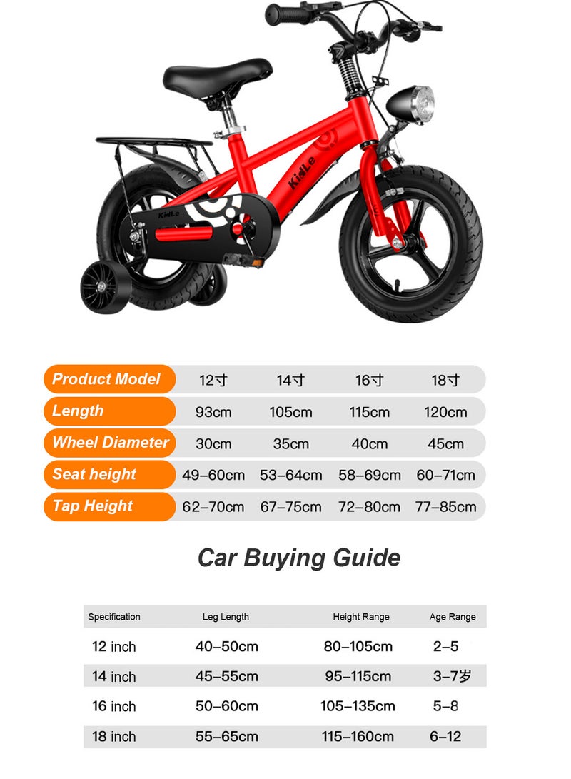 Kidle - Children's High Carbon Steel Bicycle Spoked Wheels Flashing Hummer Assist Wheels With Pillion Headlight 12-18Inch Bike Suitable For Babies Over 2-12 Years Old Riding Adventures（Red） 16inchinch - Image 1