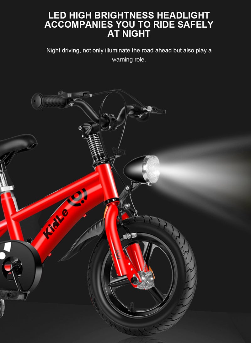 Kidle - Children's High Carbon Steel Bicycle Spoked Wheels Flashing Hummer Assist Wheels With Pillion Headlight 12-18Inch Bike Suitable For Babies Over 2-12 Years Old Riding Adventures（Red） 16inchinch - Image 1
