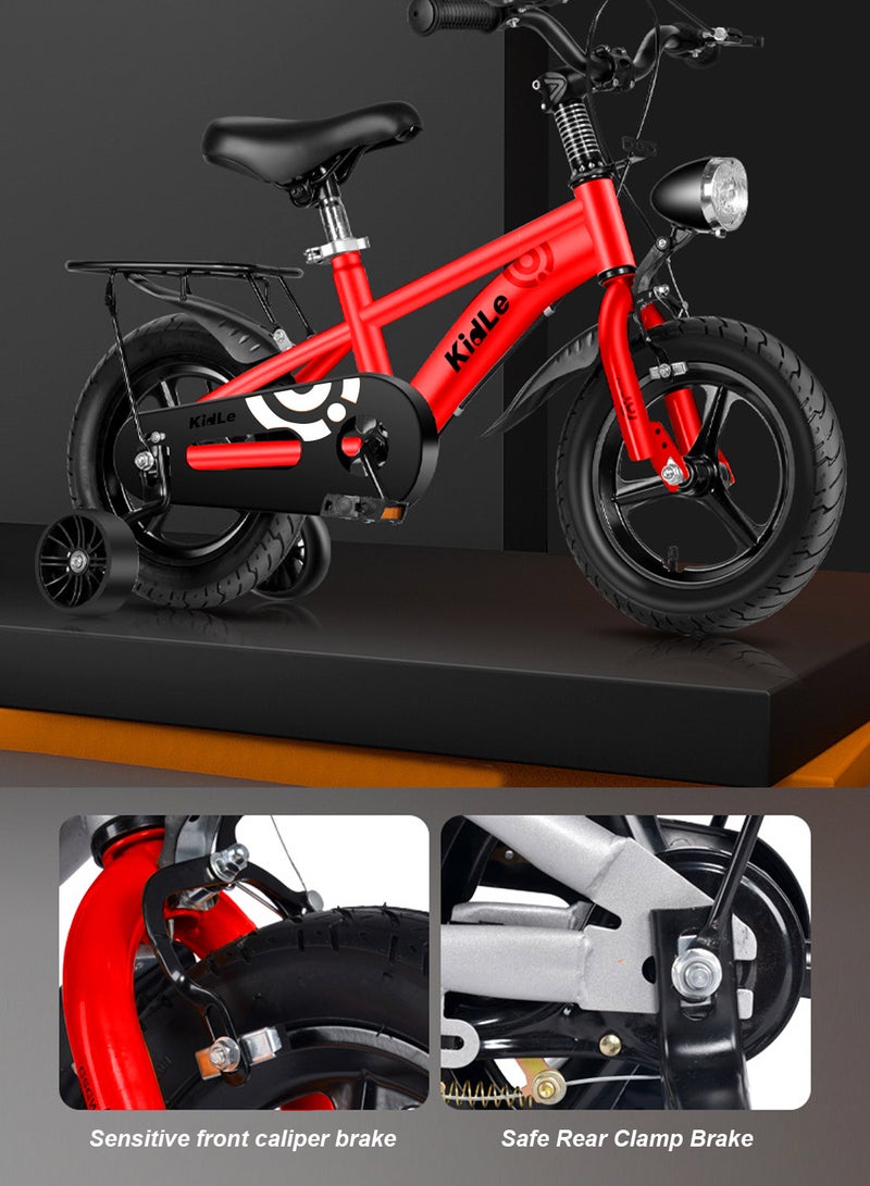 Kidle - Children's High Carbon Steel Bicycle Spoked Wheels Flashing Hummer Assist Wheels With Pillion Headlight 12-18Inch Bike Suitable For Babies Over 2-12 Years Old Riding Adventures（Red） 16inchinch - Image 1