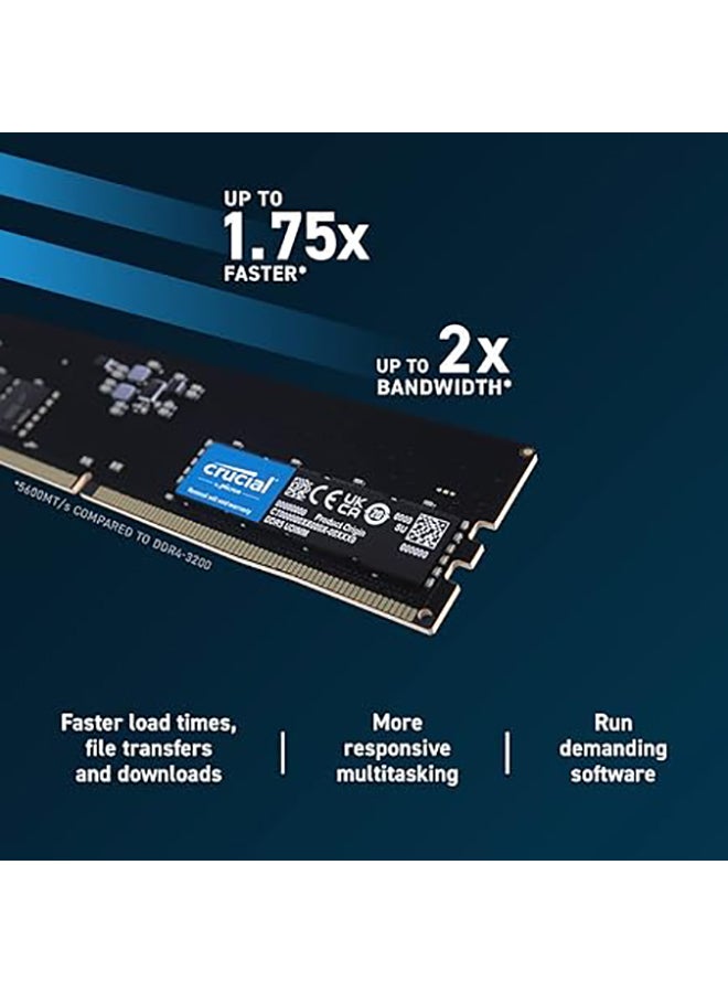crucial - 16GB UDIMM DDR5-5600 Desktop Memory PC5-44800, CL46, 1.1V, Unbuffered, High-Speed, Energy-Efficient, Optimized for Gaming & Multitasking, Single Module | CT16G56C46U5 Black - Image 1