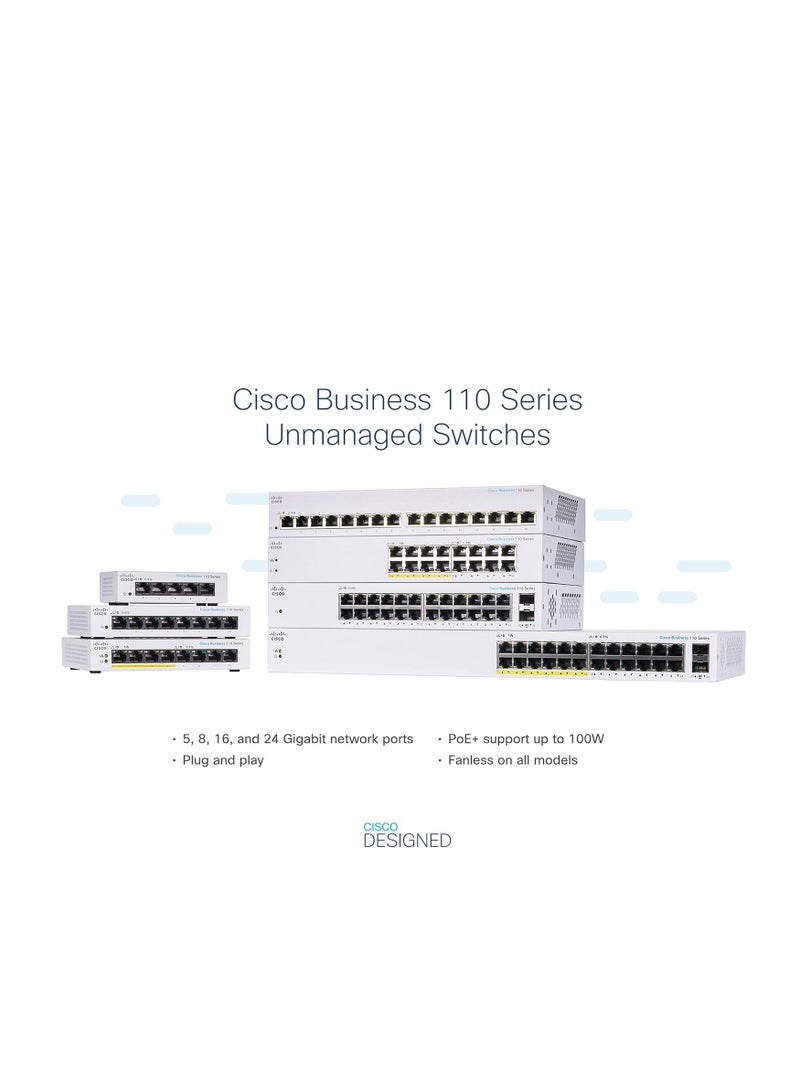 CISCO Business Unmanaged Switch | 24 Port GE | 2x1G SFP Shared | Limited Lifetime Protection ,CBS110-24T-UK White  - Image 3