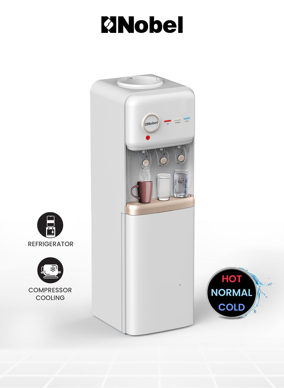 Freestanding 3 Tap Water Dispenser With Hot, Normal & Cold Taps, Refrigerator, 670W Power NWD1608R White 