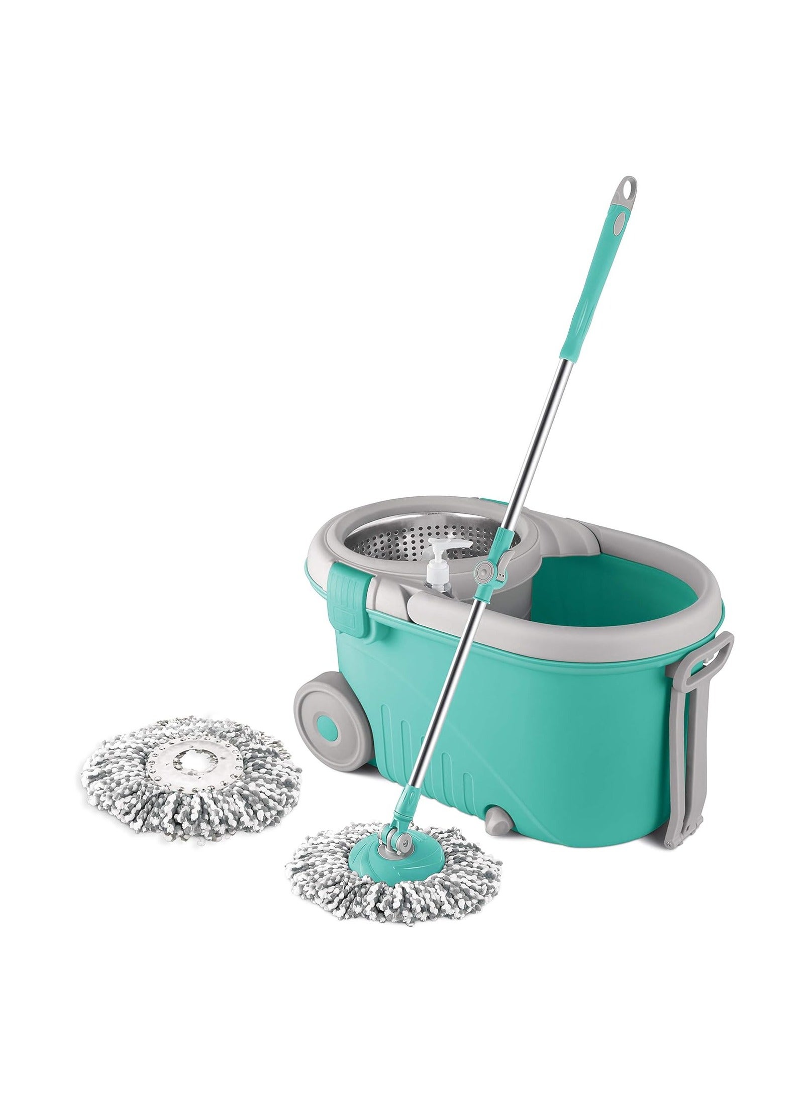 Spotzero by Milton Royale Spin Mop Bucket on Wheels, Extendable Handle | Liquid Dispenser| Steel Wringer| 360 Spinning Mop Bucket Floor Cleaning & Mopping System with 2 Microfiber Refills, Aqua Green Aqua Green 