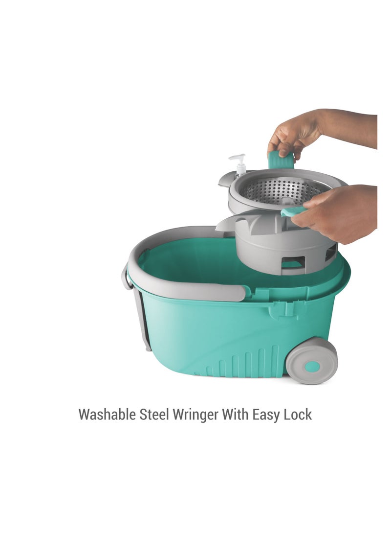 Spotzero by Milton Royale Spin Mop Bucket on Wheels, Extendable Handle | Liquid Dispenser| Steel Wringer| 360 Spinning Mop Bucket Floor Cleaning & Mopping System with 2 Microfiber Refills, Aqua Green Aqua Green - pnsku/N70095986V/45/_/1722153994/bf67634d-ac18-41c7-bd59-ac218b5d34b2