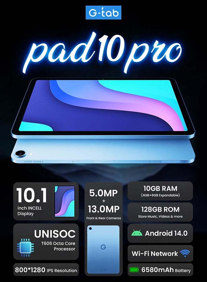 جي تاب جهاز Pad 10 Pro بشاشة 10.1 بوصة، لون أزرق، 4+6 جيجابايت، 128 جيجابايت، واي فاي - إصدار الشرق الأوسط  - Image 5