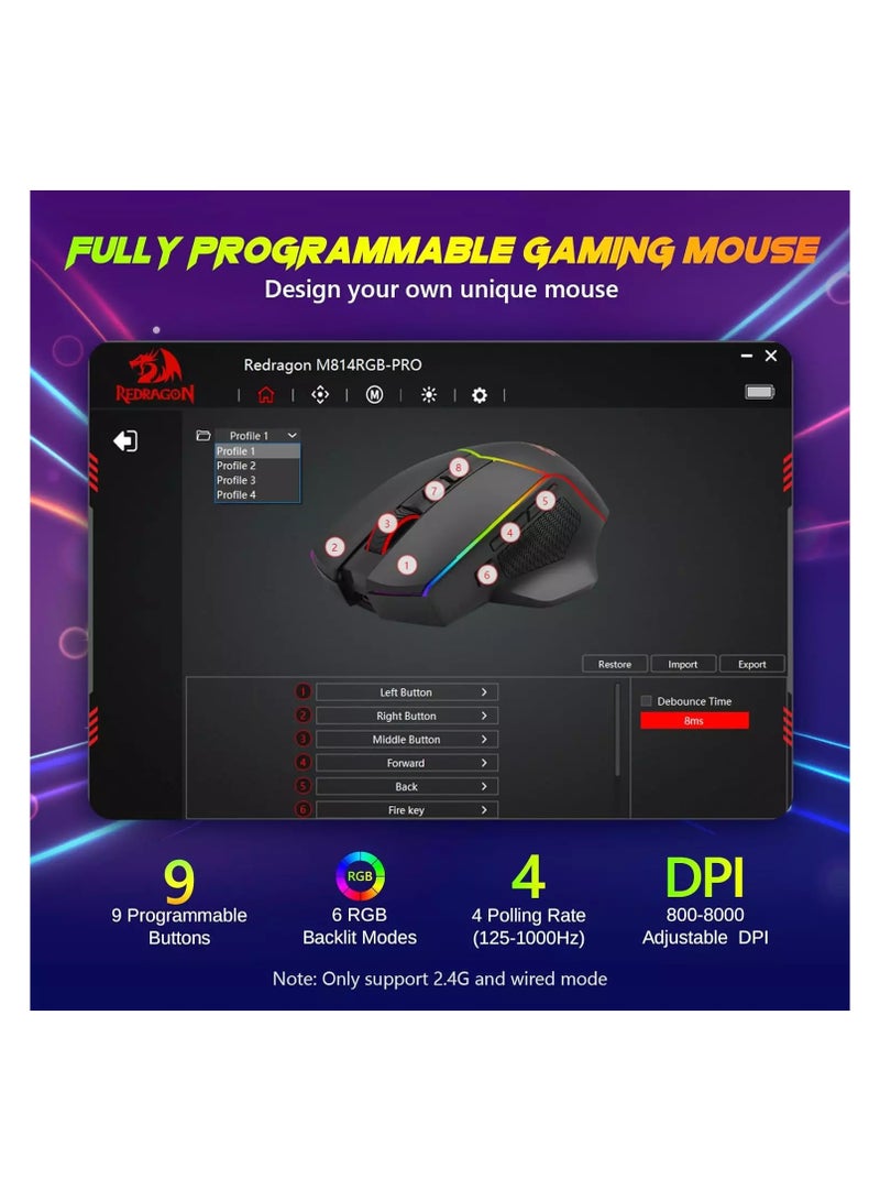 ريدراجون - ماوس الألعاب M814 AXE PRO RGB ثلاثي الوضع 2.4 جيجاهرتز/USB-C/بلوتوث قابل لإعادة الشحن - 8000 نقطة في البوصة (أسود) - Image 1
