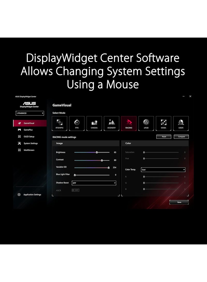 ASUS - 49 inch ROG Swift OLED PG49WCD gaming monitor (5120x1440) curved QD-OLED panel, 144 Hz, 0.03 ms, G-SYNC® compatible, custom heatsink, uniform brightness, ROG Smart KVM, 90 W Type-C, ASUS DisplayWidget Center Black - Image 1