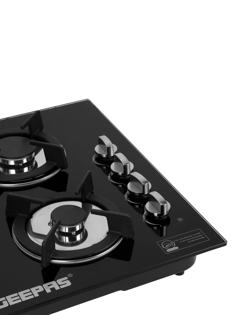 GEEPAS - Built-In Glass Gas Hob Four Burner with FFD|  Heavy Cast Iron Pan Support |  Auto Impulse Ignition with BS Plug | 8mm Tempered Glass Pane l GGC31050FFD Black - Image 1