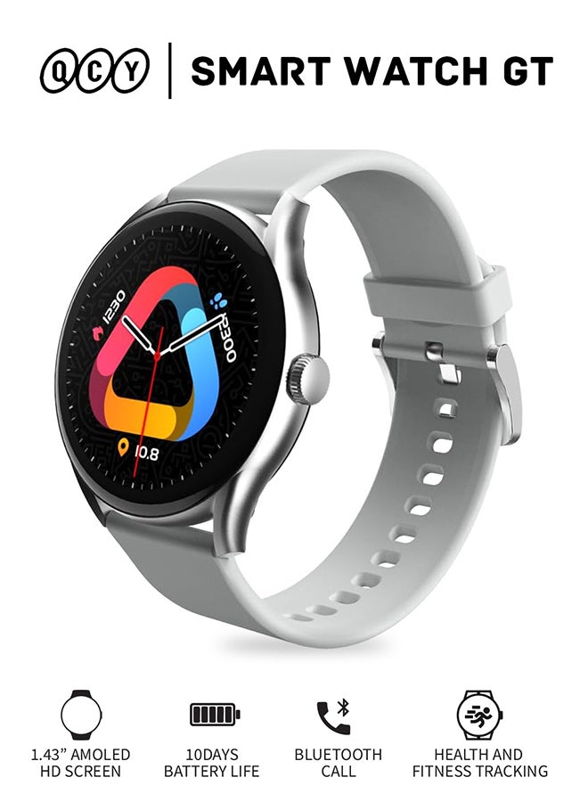 QCY GT Smart Watch With Bluetooth Calls 1.43-inch 60Hz AMOLED HD Display IPX8 Waterproof Health/SpO2/Sleep/Menstruation monitoring 100+Workouts Long Battery Life Silver  - Image 1