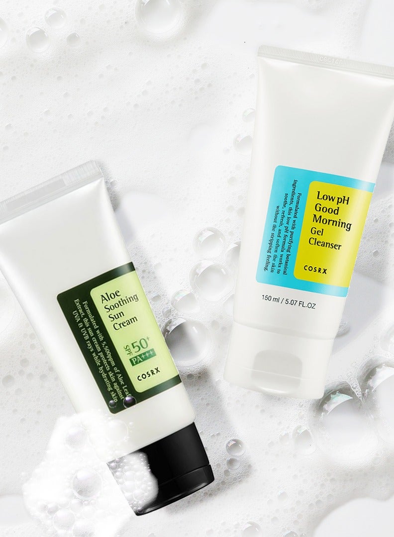 COSRX Good Morning Low-Ph Cleanser (150ml) + COSRX Aloe Soothing Sun Cream (50ml) 200ml - Image 1