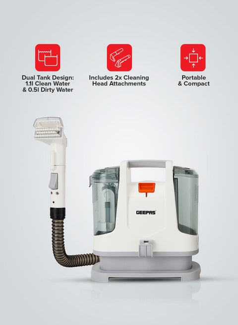 Portable Spot Cleaner-Dual Tank Design, 1.1 L and 0.5L Clean and Dirty Water Tanks/ 2 Cleaning Head Attachments, Lightweight and Compact Design, Perfect for Clean Carpets, Rugs, Upholstery etc 1.1 L 400 W GSC19051 White
