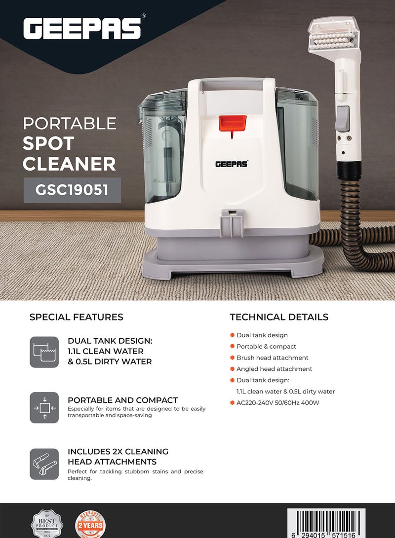 GEEPAS - Portable Spot Cleaner-Dual Tank Design, 1.1 L and 0.5L Clean and Dirty Water Tanks/ 2 Cleaning Head Attachments, Lightweight and Compact Design, Perfect for Clean Carpets, Rugs, Upholstery etc 1.1 L 400 W GSC19051 White - Image 1