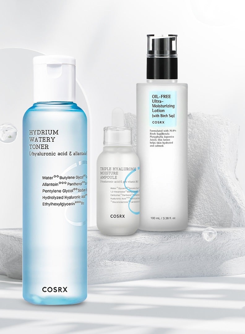 أمبولة مرطبة ثلاثية حمض الهيالورونيك (40 مل) + تونر مائي هيدريوم من COSRX + لوشن مرطب فائق الخالي من الزيوت من COSRX (مع عصارة البتولا) (100 مل) - Image 1