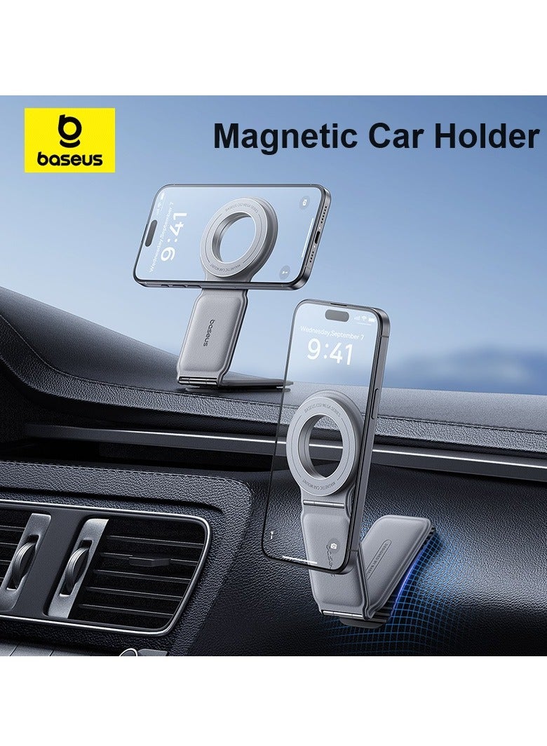 Baseus MagSafe Car Mount for Car Dashboard and Tesla Screen – Foldable Magnetic Phone Holder with Premium Metal and Leather Design – 360° Rotation, Strong Magnets for Secure Grip – Compatible with iPhone 16, 15, 14, 13, 12 Pro Max, Samsung Galaxy S25, S24, S23 – Universal Car Phone Holder for All Smartphones Grey  - Image 1