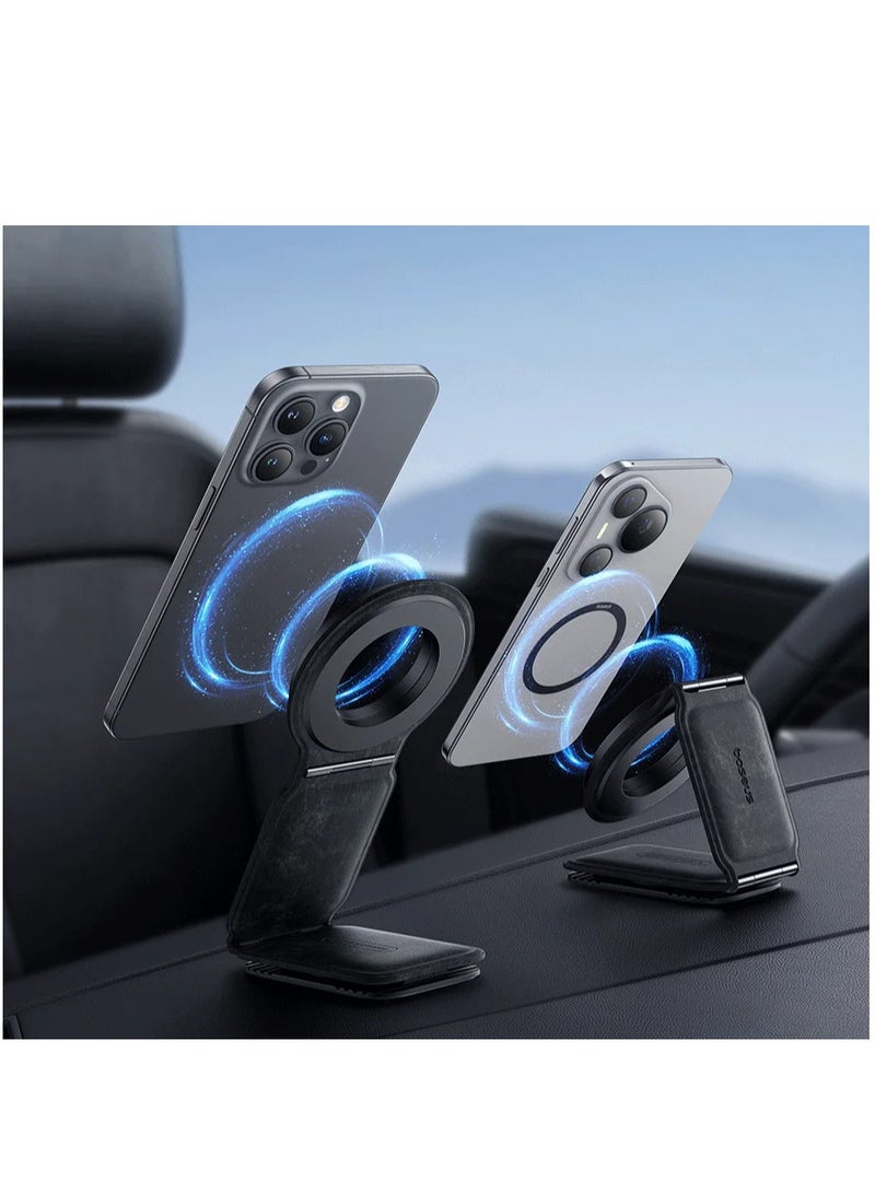 MagSafe Car Mount for Car Dashboard and Tesla Screen – Foldable Magnetic Phone Holder with Premium Metal and Leather Design – 360° Rotation, Strong Magnets for Secure Grip – Compatible with iPhone 16, 15, 14, 13, 12 Pro Max, Samsung Galaxy S25, S24, S23 – Universal Car Phone Holder for All Smartphones Grey