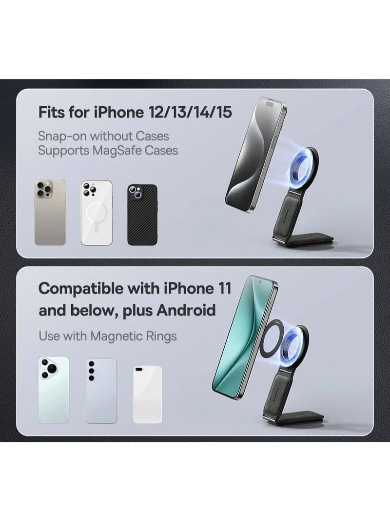MagSafe Car Mount for Car Dashboard and Tesla Screen – Foldable Magnetic Phone Holder with Premium Metal and Leather Design – 360° Rotation, Strong Magnets for Secure Grip – Compatible with iPhone 16, 15, 14, 13, 12 Pro Max, Samsung Galaxy S25, S24, S23 – Universal Car Phone Holder for All Smartphones Grey