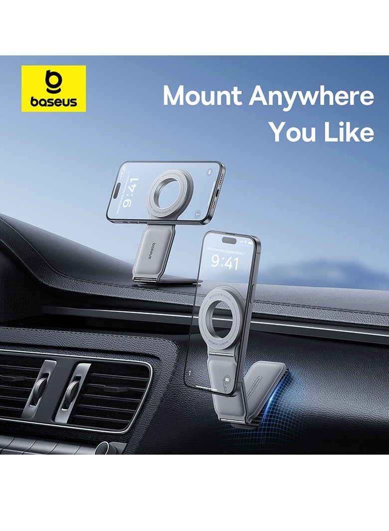 Baseus MagSafe Car Mount for Car Dashboard and Tesla Screen – Foldable Magnetic Phone Holder with Premium Metal and Leather Design – 360° Rotation, Strong Magnets for Secure Grip – Compatible with iPhone 16, 15, 14, 13, 12 Pro Max, Samsung Galaxy S25, S24, S23 – Universal Car Phone Holder for All Smartphones Grey  - Image 2