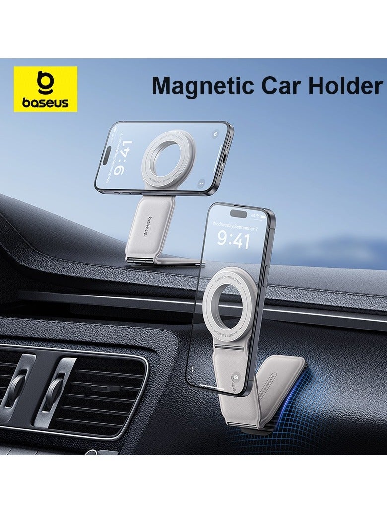 Baseus MagSafe Car Mount for Car Dashboard and Tesla Screen – Foldable Magnetic Phone Holder with Premium Metal and Leather Design – 360° Rotation, Strong Magnets for Secure Grip – Compatible with iPhone 16, 15, 14, 13, 12 Pro Max, Samsung Galaxy S25, S24, S23 – Universal Car Phone Holder for All Smartphones White/Grey  - Image 1