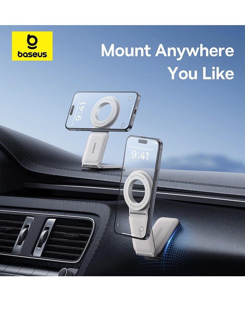 Baseus MagSafe Car Mount for Car Dashboard and Tesla Screen – Foldable Magnetic Phone Holder with Premium Metal and Leather Design – 360° Rotation, Strong Magnets for Secure Grip – Compatible with iPhone 16, 15, 14, 13, 12 Pro Max, Samsung Galaxy S25, S24, S23 – Universal Car Phone Holder for All Smartphones White/Grey  - Image 2