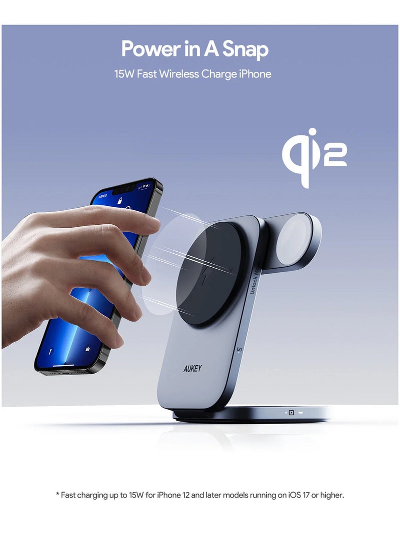 Aukey - LC-MC312 MagFusion Z Qi2 3-in-1 Foldable Magnetic Fast Wireless Charging Station Grey - Image 1