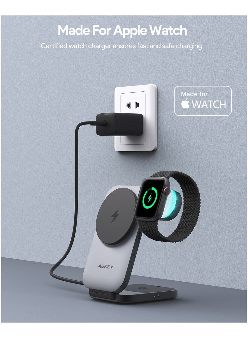 Aukey - LC-MC312 MagFusion Z Qi2 3-in-1 Foldable Magnetic Fast Wireless Charging Station Grey - Image 1