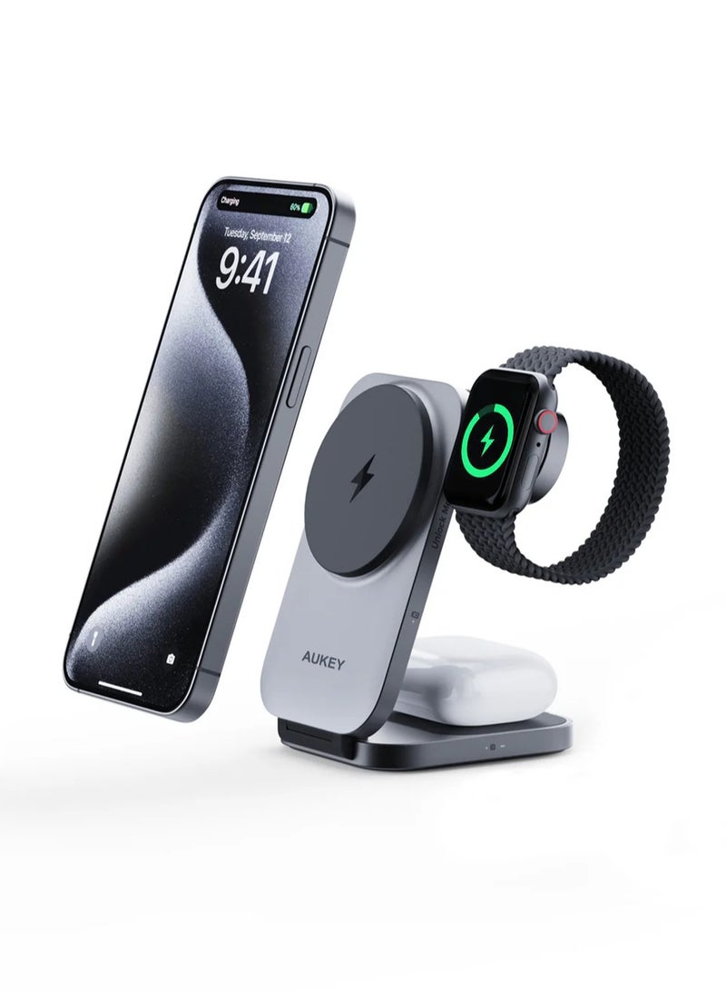 Aukey - LC-MC312 MagFusion Z Qi2 3-in-1 Foldable Magnetic Fast Wireless Charging Station Grey - Image 1